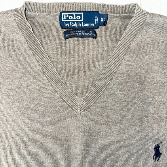 Polo Ralph Lauren Pima Cotton V-Neck Sweater Mens Gray Pullover Sweatshirt XL - Picture 2 of 6